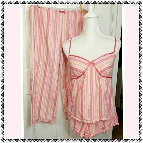 LOFT Other - {LOFT} 3pc pink stripe pj's, top pants & shorts, M
